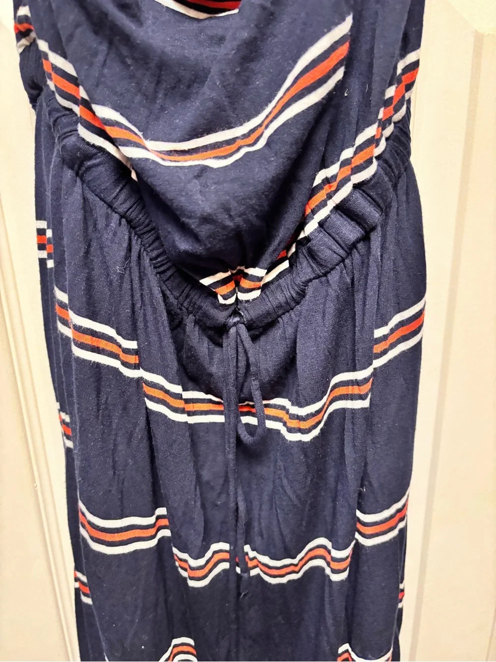 J. Crew Navy Striped Maxi Dress with Orange and White Accents, with pockets